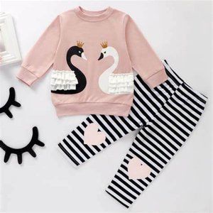 2Pcs Baby Soft Swan Print Long Sleeve Top and Striped Pants